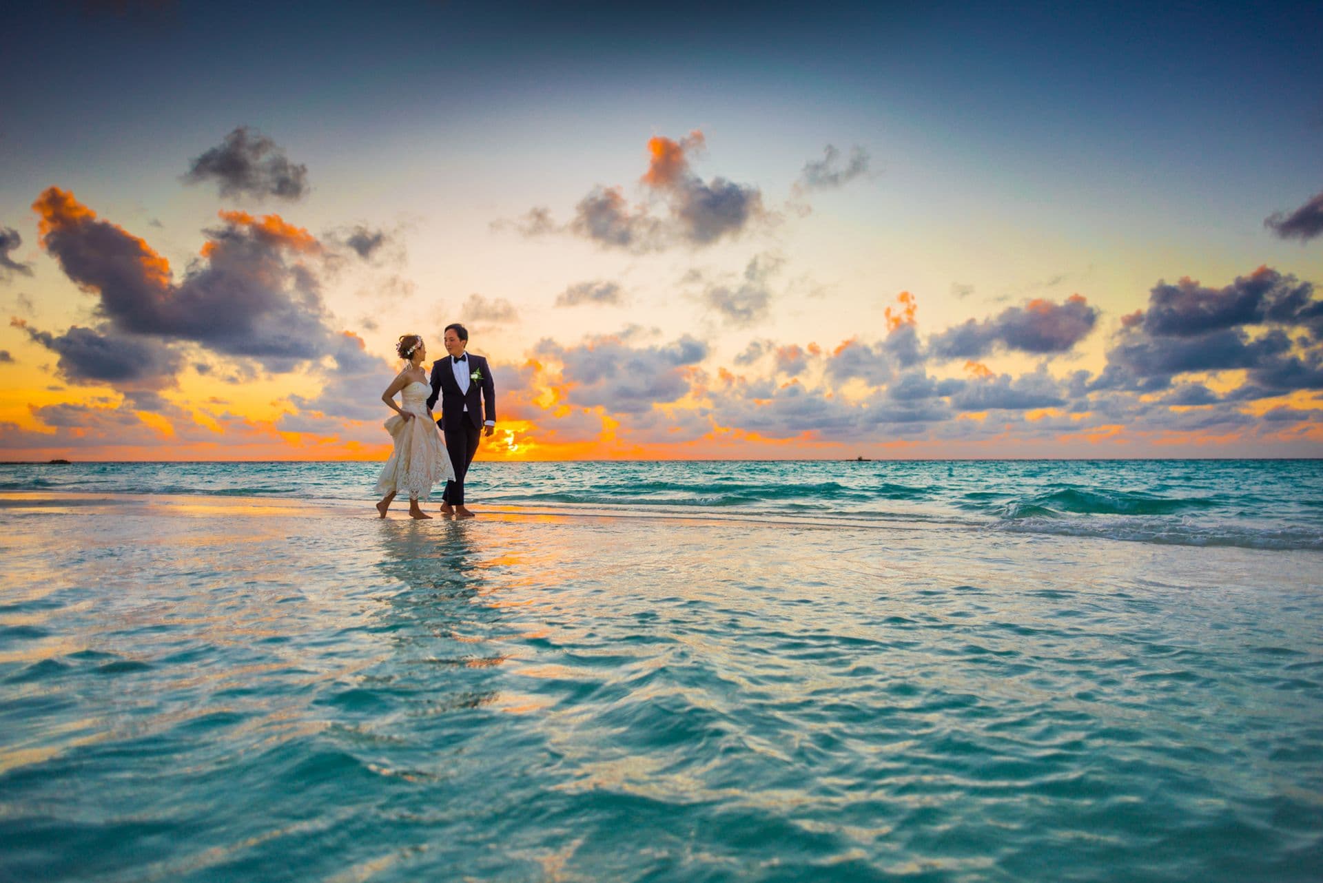 Couple embracing in golden light on the shoreline